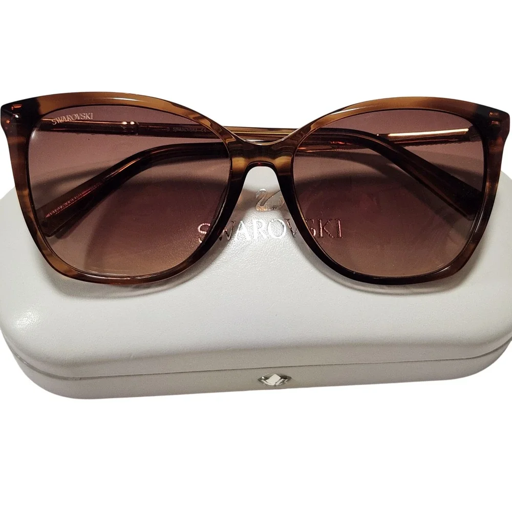 Swarovski Brown Tortoiseshell Cat Eye Sunglasses with Crystal Temples and Case